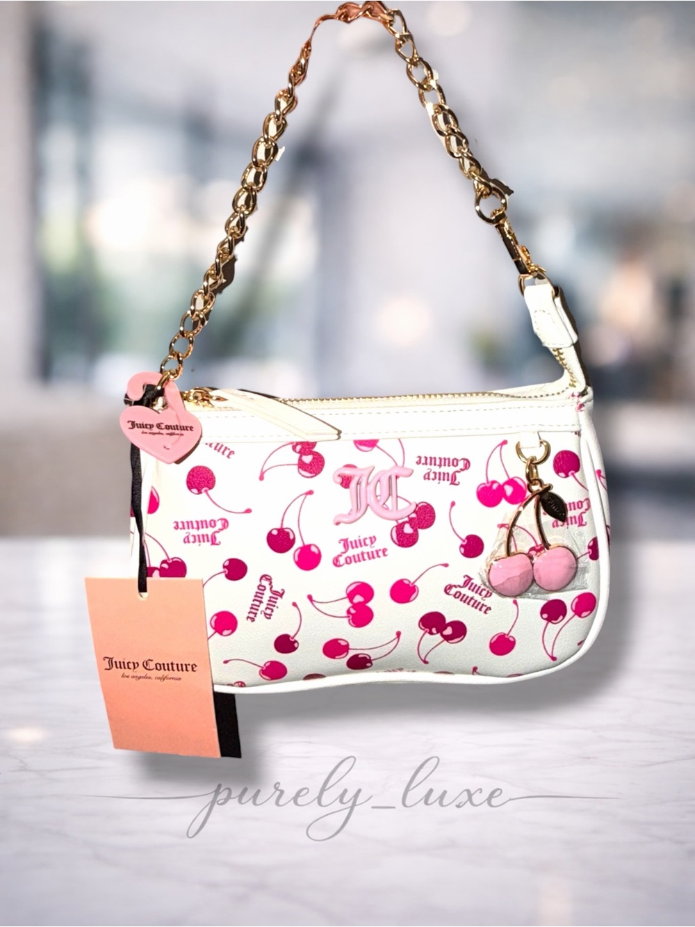 Juicy Couture White & Pink Cherry Print Mini Shoulder Bag with Gold Chain